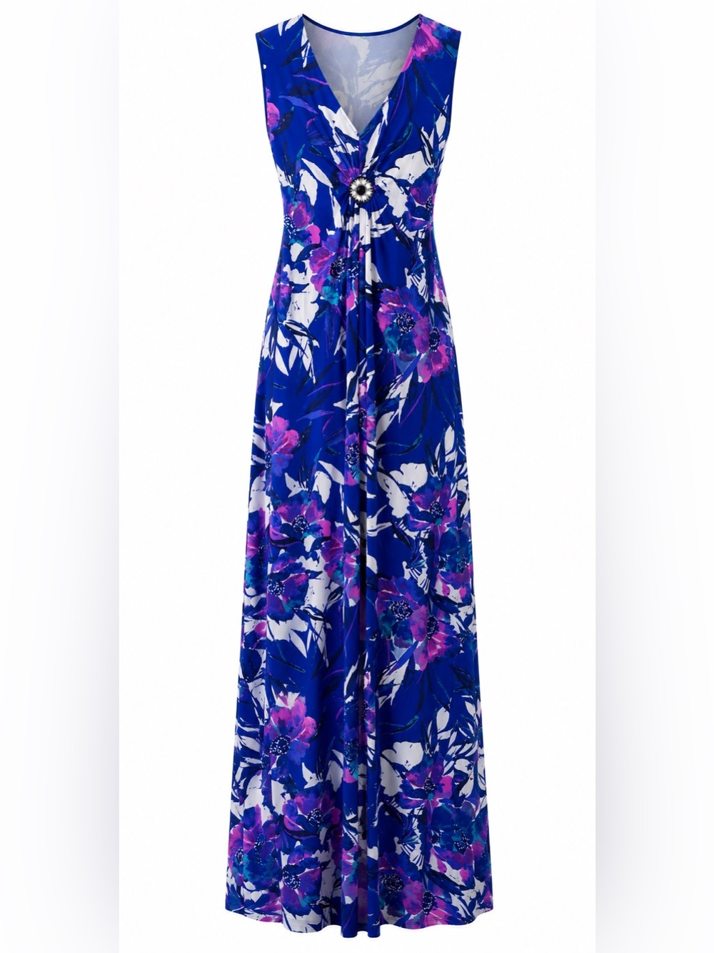 Catherines 4X Women’s Blue Floral Sleeveless Maxi Dress V-Neck Brooch